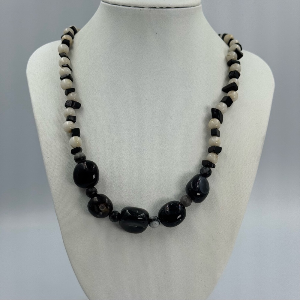 Beaded Stone Necklace Black Agate Snow Quartz and Obsidian With Toggle Clasp